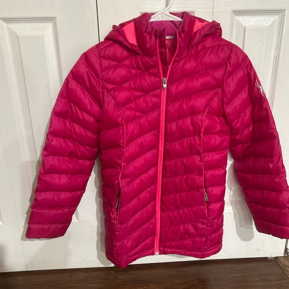 Spyder Girls Pink Puffer Jacket | Size M (10–12) | Hooded Winter Coat